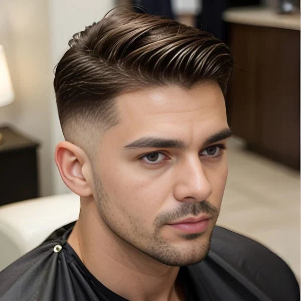 Foto eines jungen Mannes mit dunkelbraunem, kurzem Haar nach der Anwendung des Haargels