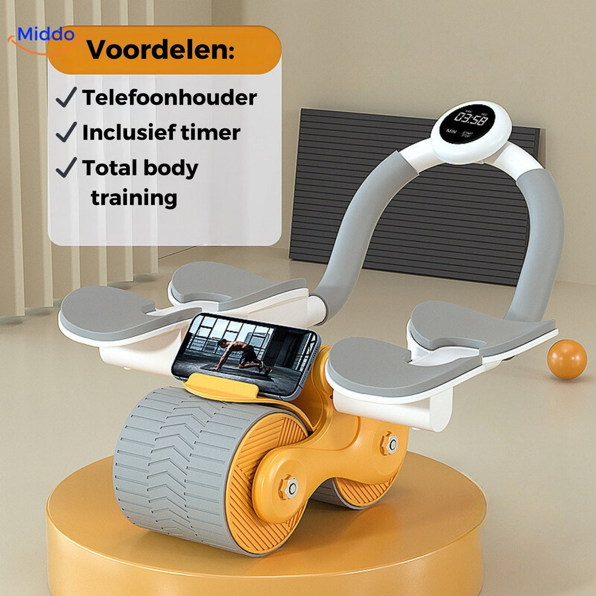 Oranges Abwheel pro Bauchmuskeltrainer mit Handyhalterung und Timer von