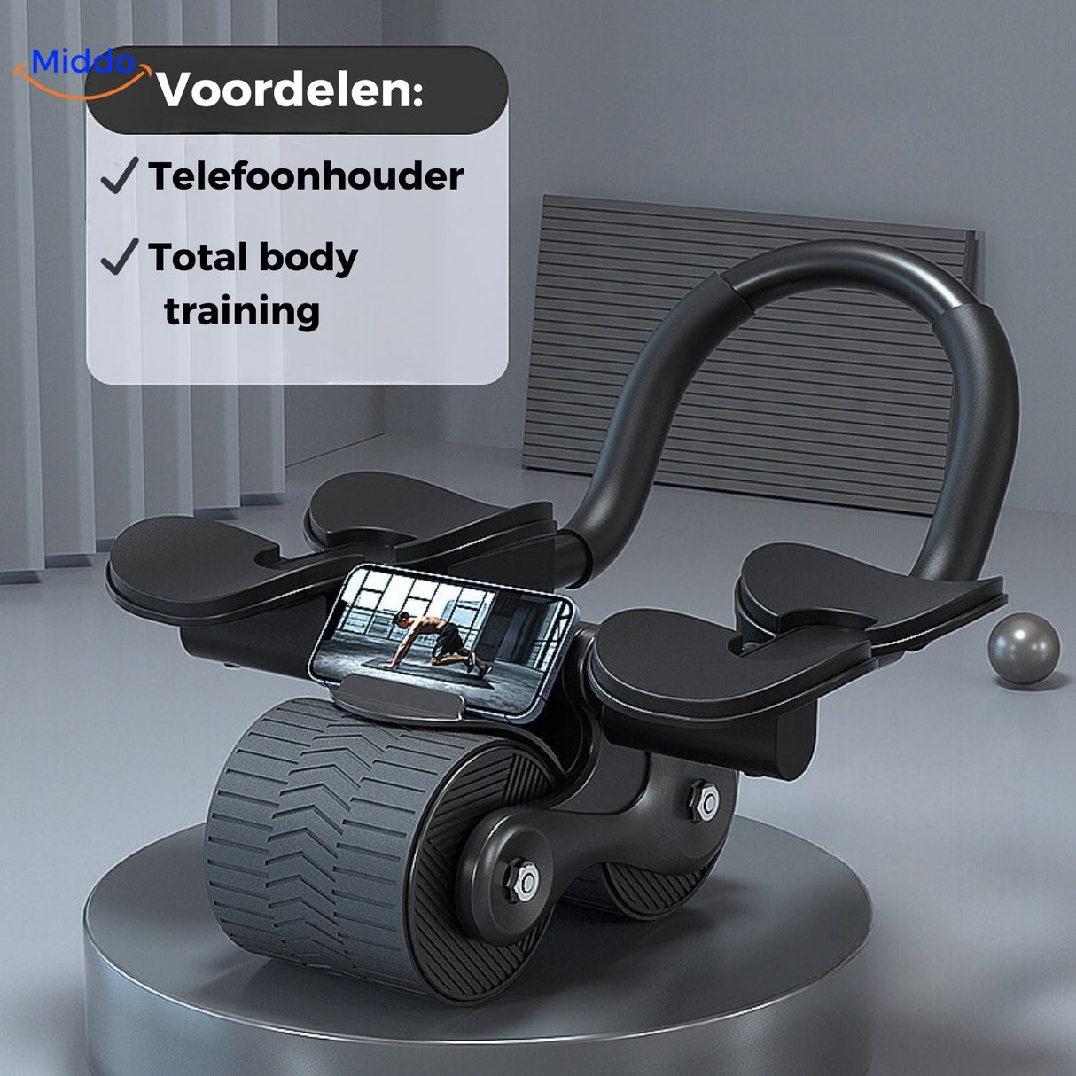 Schwarzes Ab Wheel Pro Bauchmuskeltrainer mit Telefonhalterung von