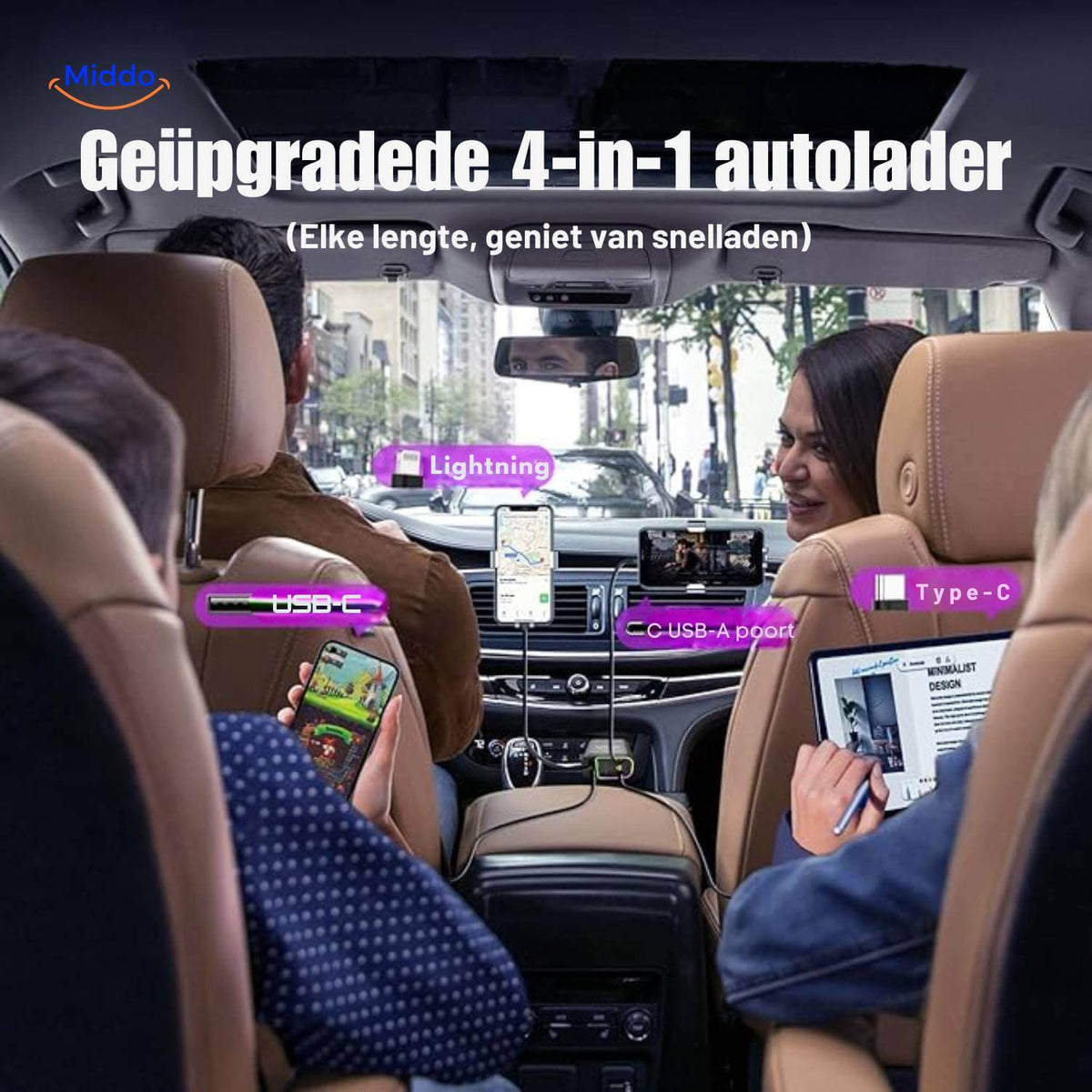 AutoCharge 120W 4-in-1 Ladegerät mit RGB-Beleuchtung www.middo.de