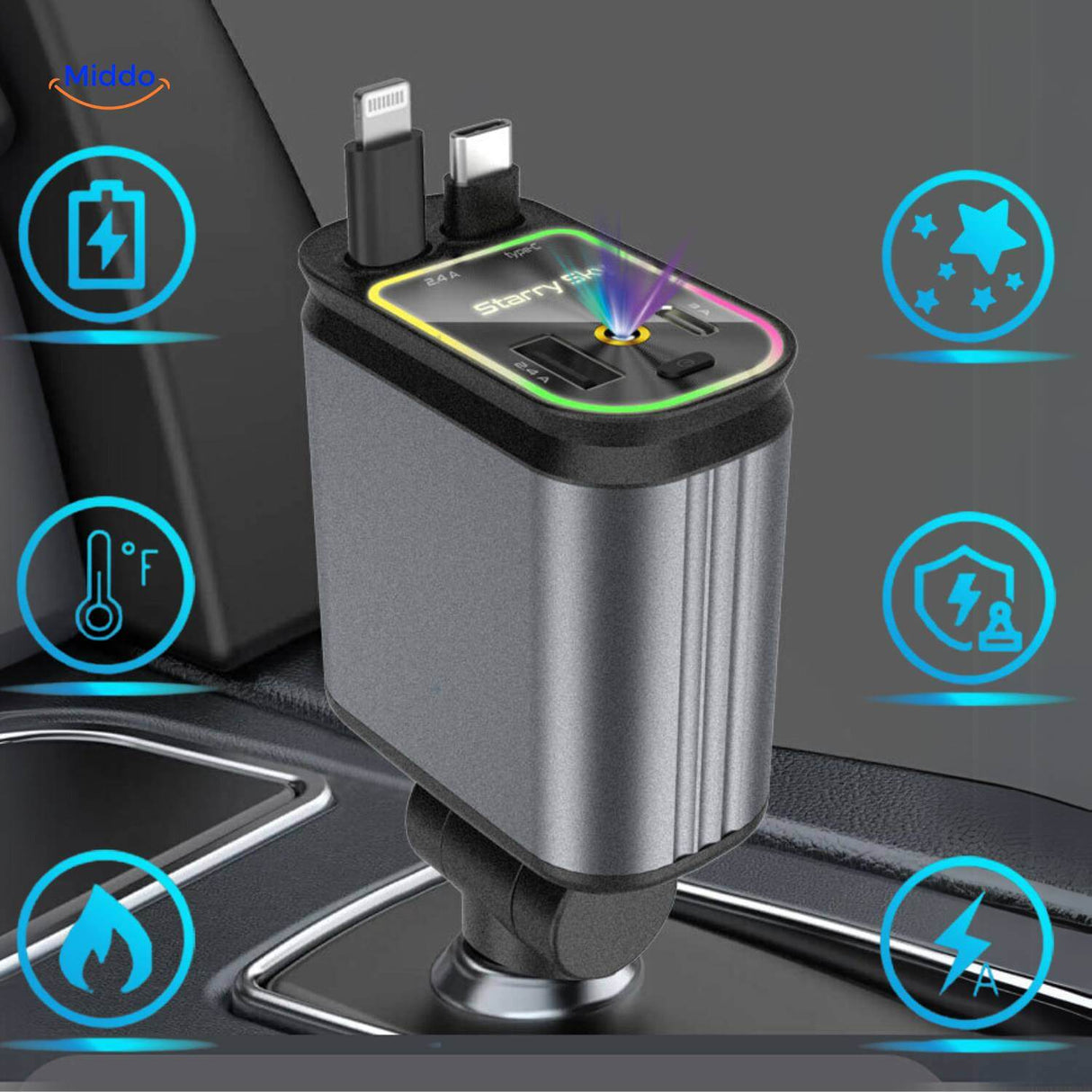 AutoCharge 120W Ladegerät mit Technik und Lichteffekten www.middo.de