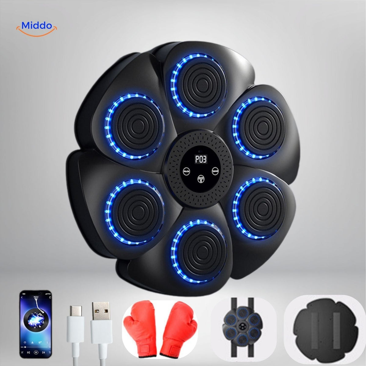 BoxPro Smart Boxmaschine schwarzes Modell mit blauen LEDs und roten Handschuhen www.middo.de