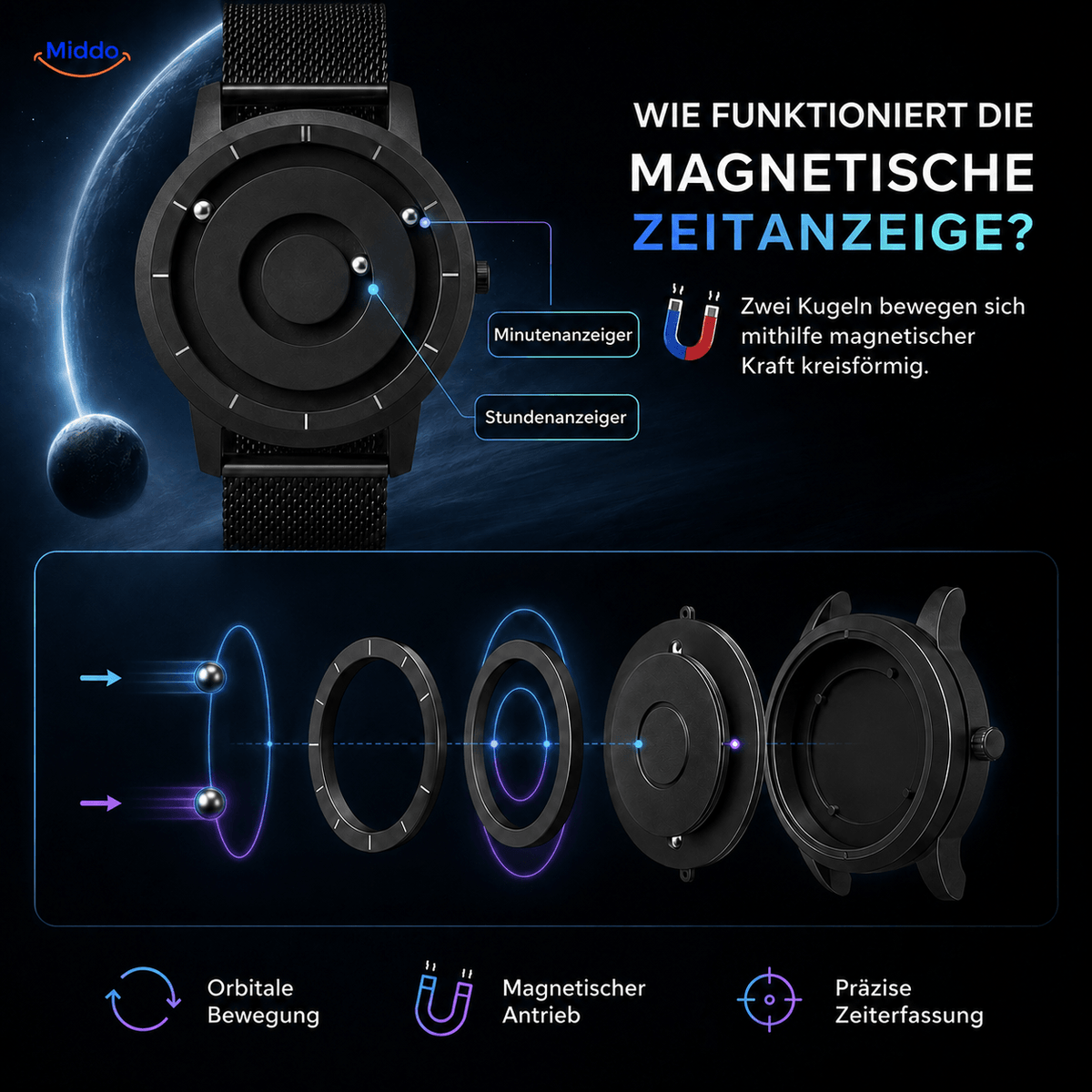 Erklärung der magnetischen Zeitanzeige mit separatem Stundenzeiger und Minutenzeiger