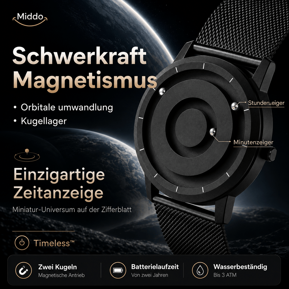 Infografik zur Schwerkraft und zum Magnetismus hinter den zwei schwebenden Kugeln der Uhr