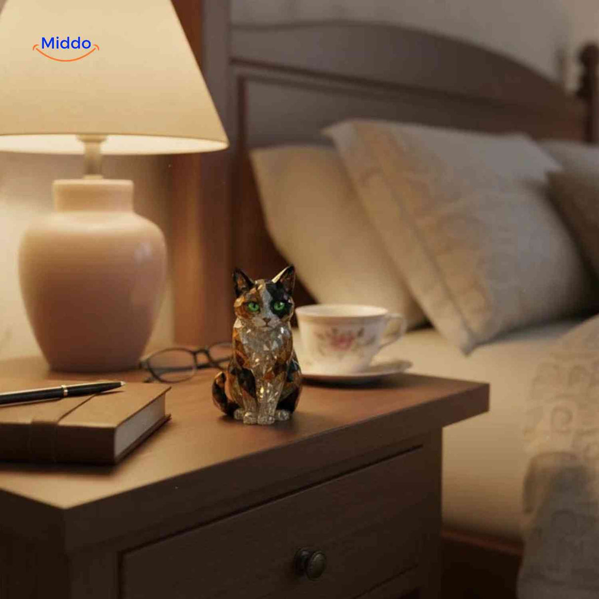 CrystalPaws Adventskalender hyphenated Kristallkatze Figur auf dem Schreibtisch