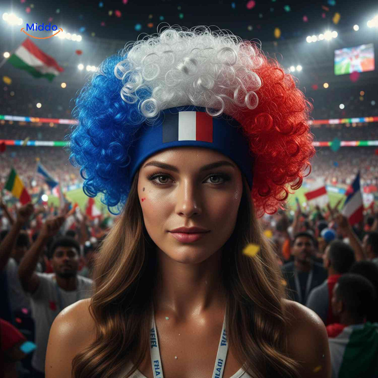 Flagora Perücke Locken Frankreich Fanperücke Stadion fan www.middo.de