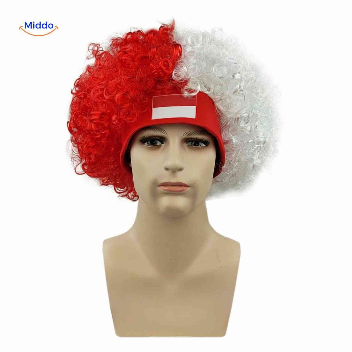 Flagora Perücke rot weiß Lockenperücke Stirnband Fan accessoire www.middo.de