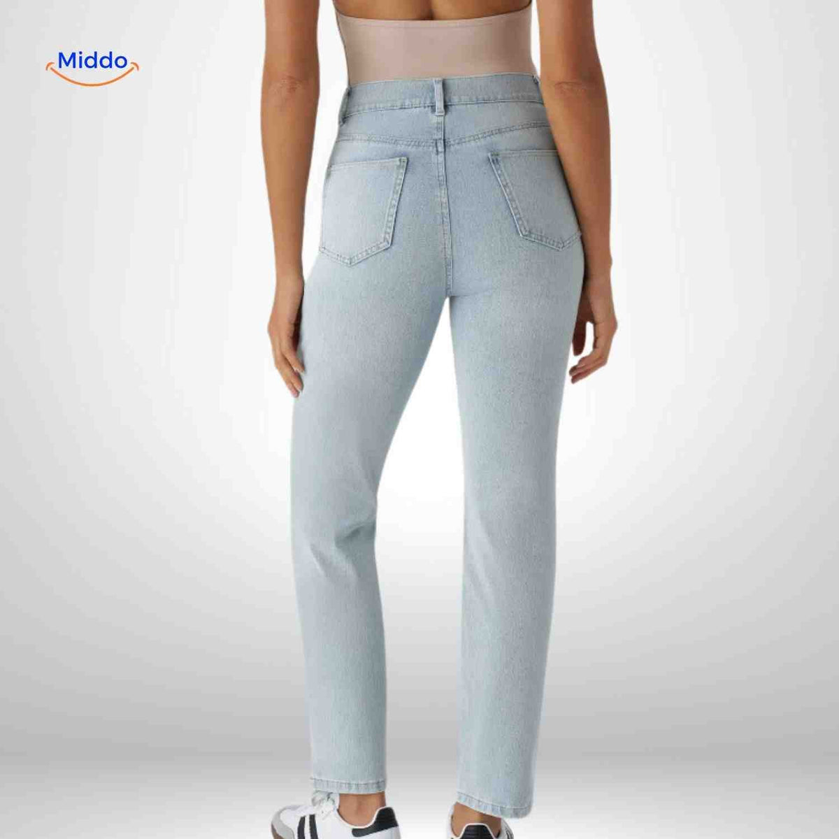Flexiva Damenjeans High Rise Hellblau Rückansicht – Jetzt auf www.middo.de entdecken!