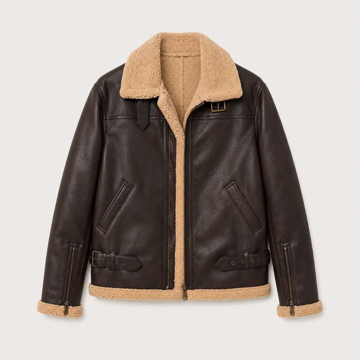 Furvello Jacke Rückseite braune PU-Leder Kunstfell Jacke Herren