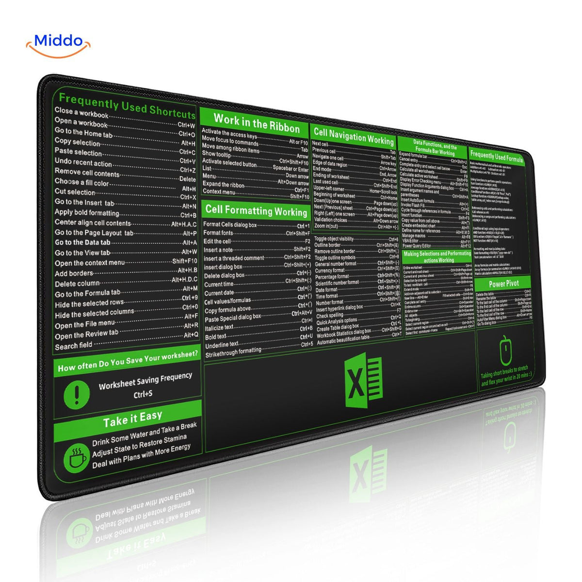 Lernopad Mauspad Excel häufig verwendete Tastenkombinationen und Zellenbearbeitung mit Formatierung Mauspad www.middo.de
