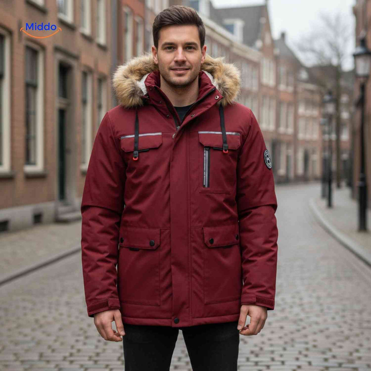 NordGuard dunkelblaue winddichte Herrenparka mit Kapuze und reflektierenden Details