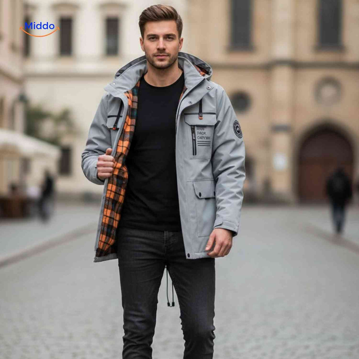 NordGuard hellgraue wasserabweisende Herrenjacke mit Kapuze und Reißverschluss