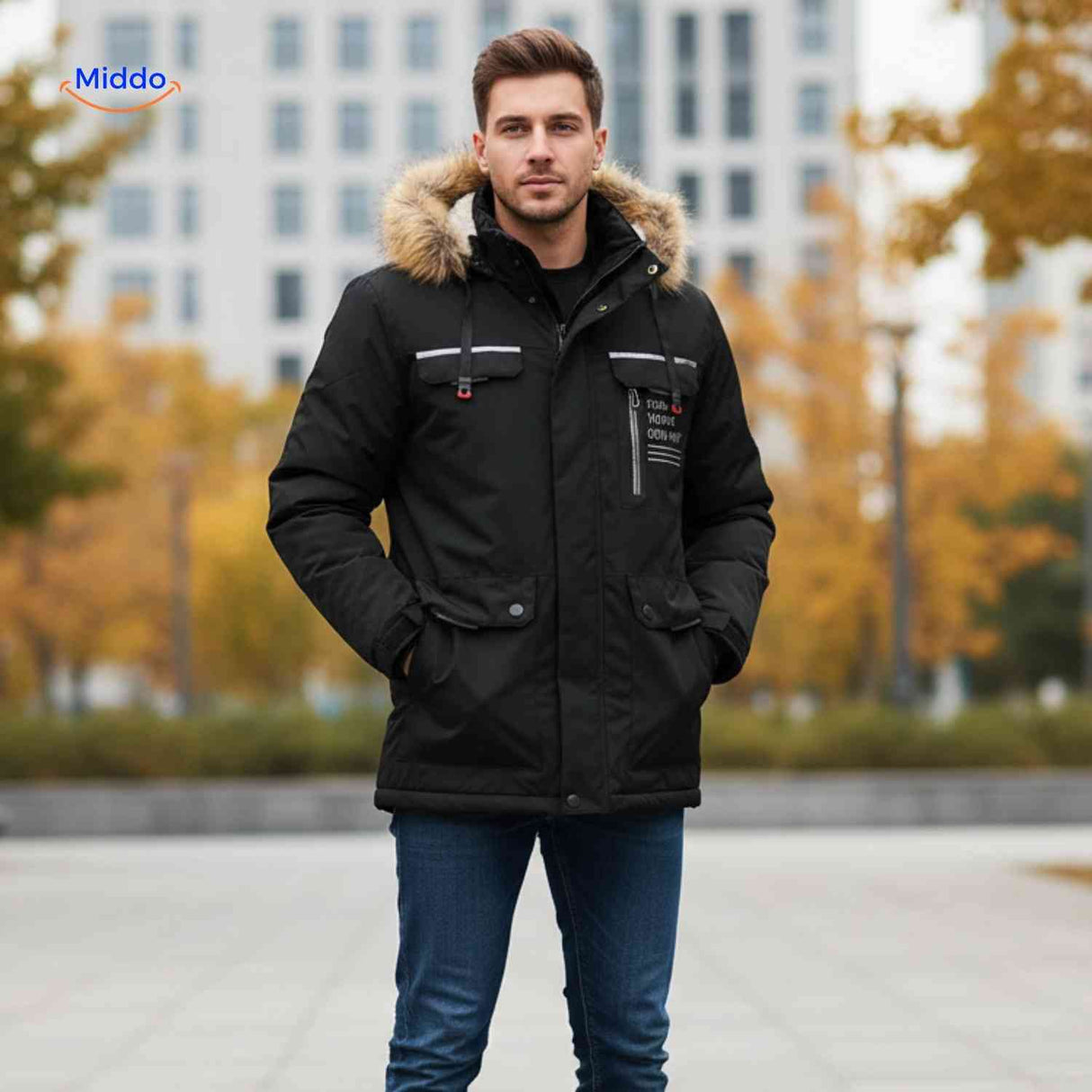 NordGuard schwarze winddichte Herren-Winterparka mit Kapuze und Reflexstreifen