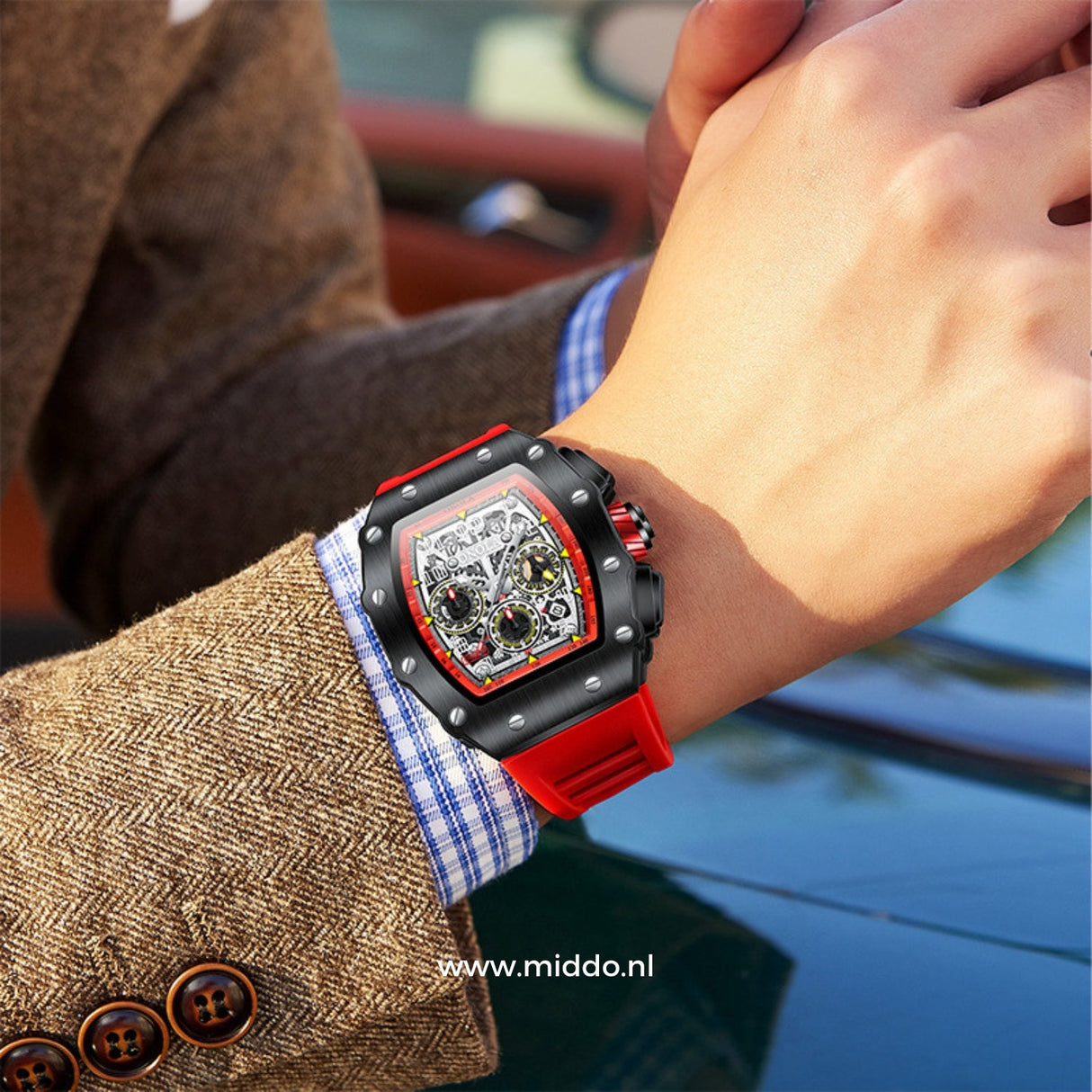 Luxuriöse ONOLA-Uhr mit rotem Armband für das Handgelenk des Mannes