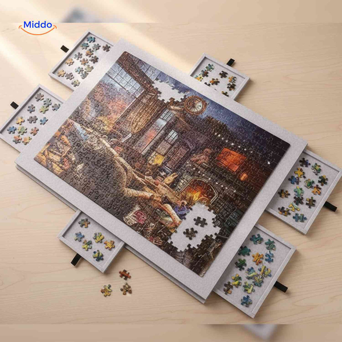 PuzzleNest Puzzlebrett mit ausziehbaren Schubladen und Puzzle