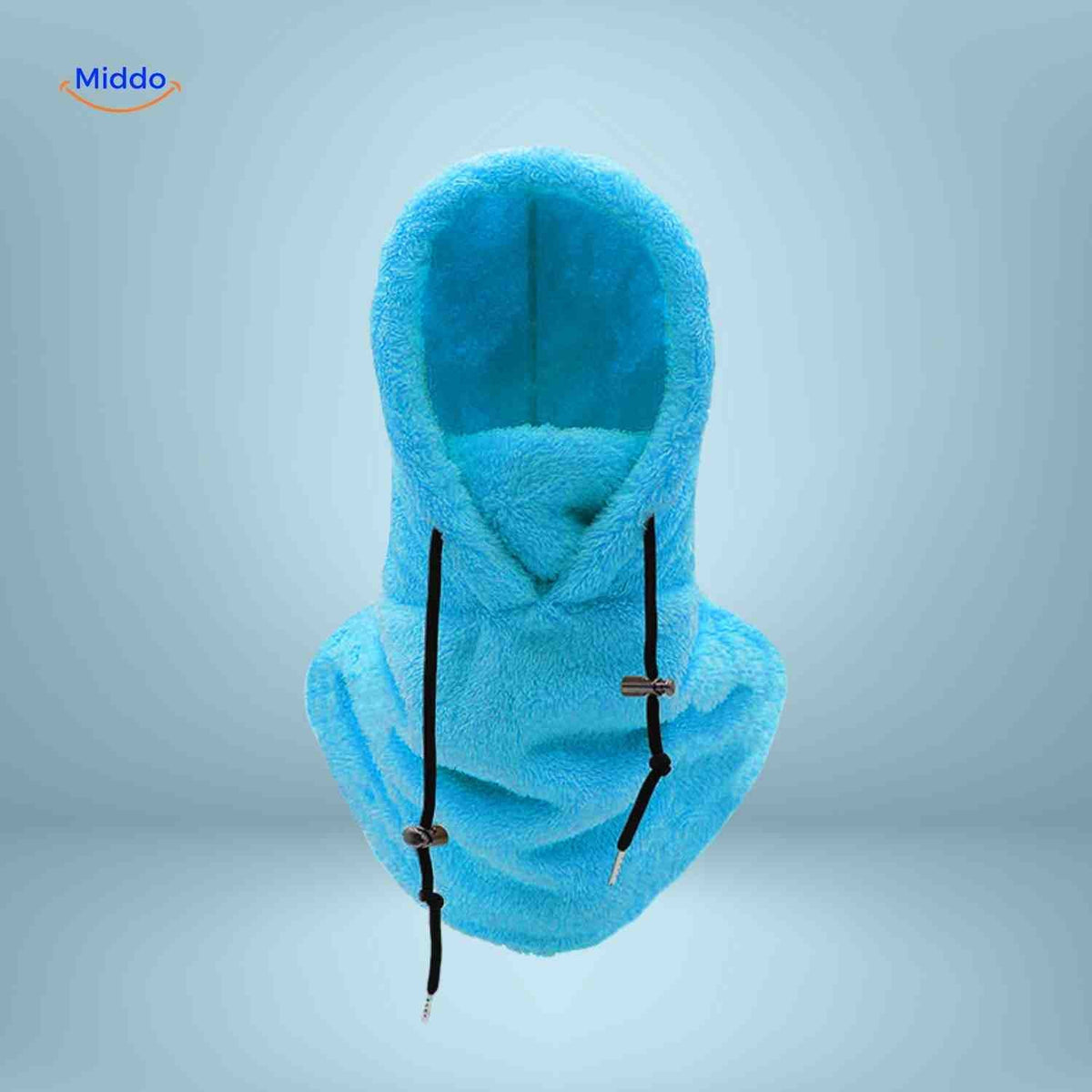 SnowShield Wintermütze himmelblau – warme Fleece-Kapuze mit Schal für optimalen Schutz. Besuchen Sie www.middo.de für mehr Informationen!