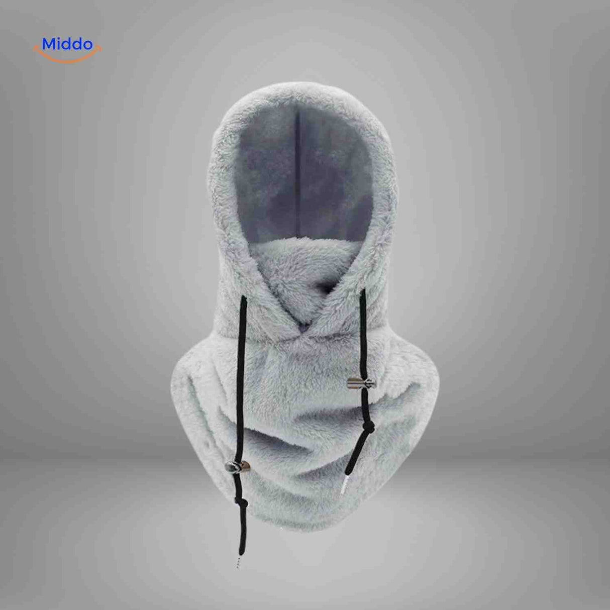 SnowShield Wintermütze in Hellgrau – Fleece-Haube für Wärme und Schutz, inklusive Schal. Besuchen Sie www.middo.de für mehr Informationen!