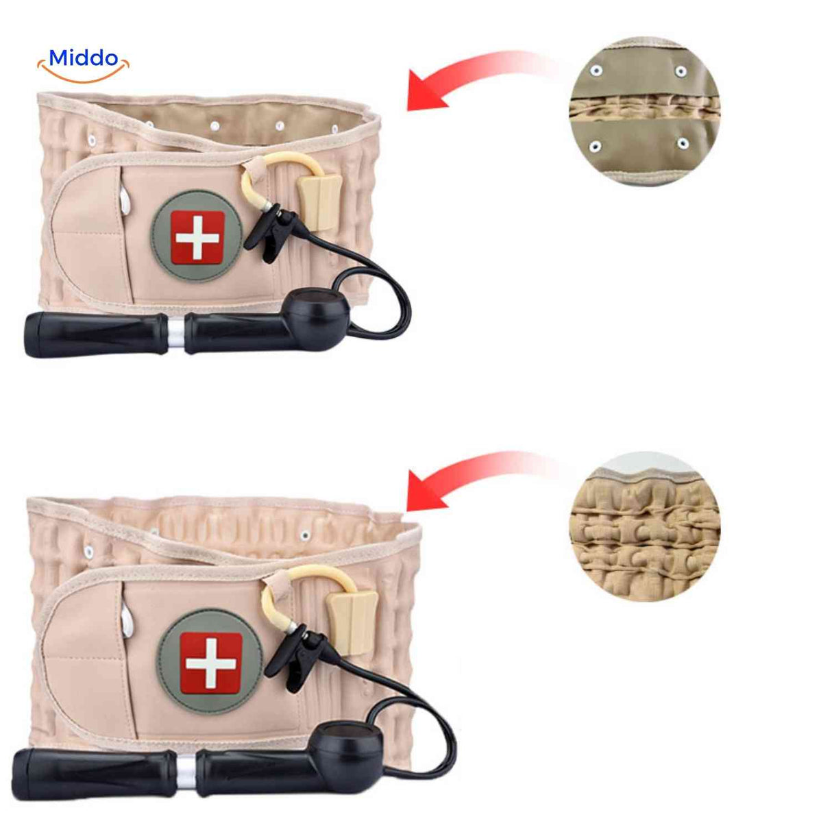 SpineRelief Gurt für das Aufblasen des Lendenbands vorher und nachher Vergleich
