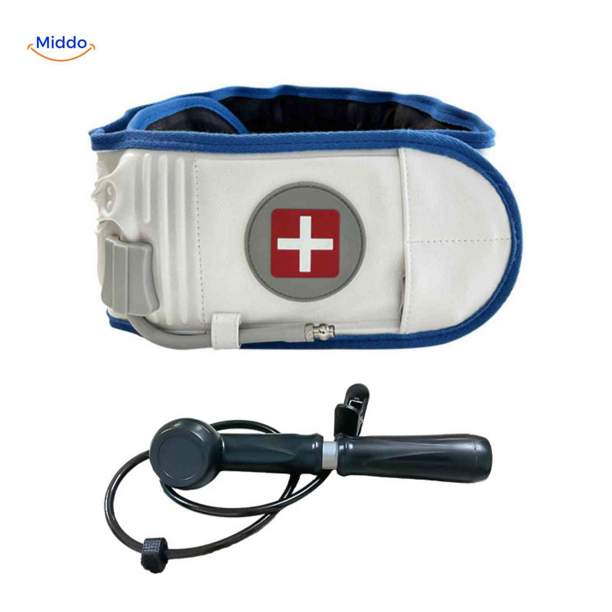 SpineRelief Gürtel mit blauer Rückenstütze und manueller Luftpumpe www.middo.de
