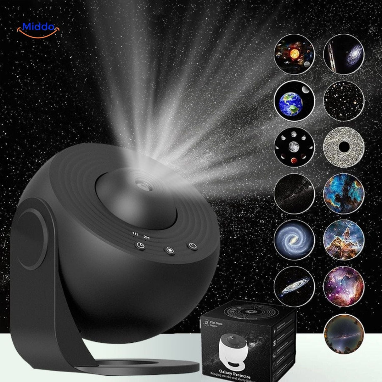 StarGlow Projektorlampe mit schwarzem Design und Raumdias
