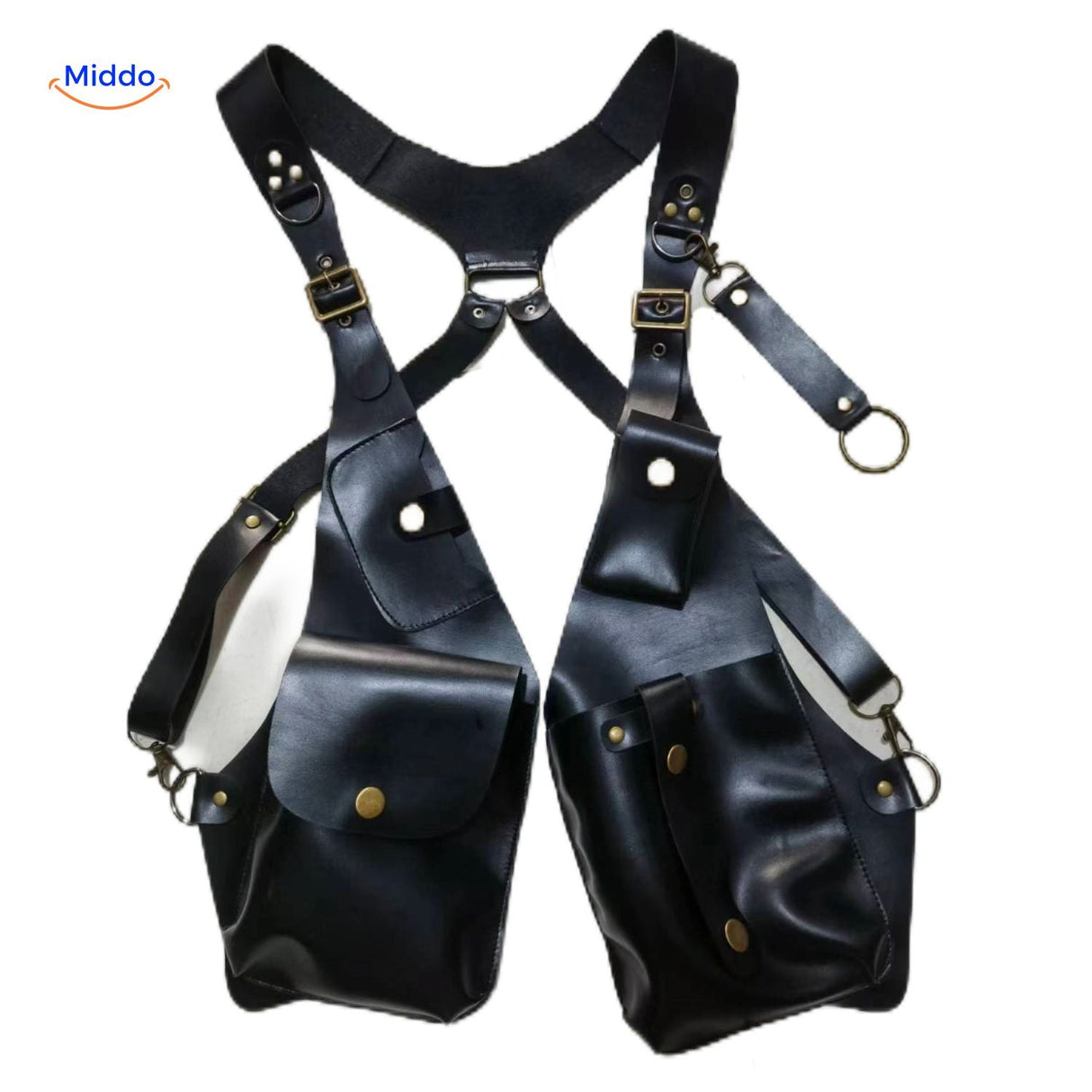 Steampunk Tote schwarze Leder Tasche mit hängenden Fächern