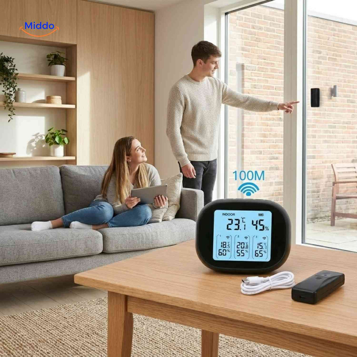 ThermoSense Raumklimamessgerät mit Funksensor im Wohnzimmer