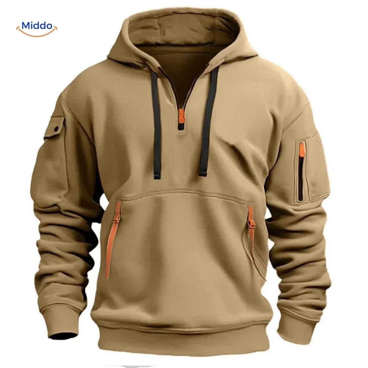 Thom Kapuzenpullover komfortabel beige mit orangefarbenen Reißverschlüssen