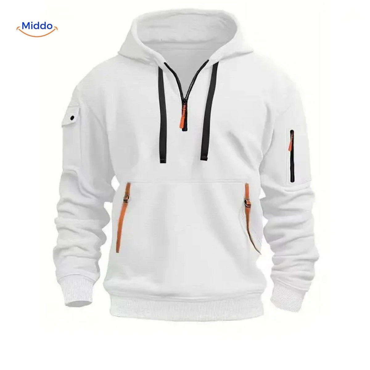 Thom Kapuzenpullover bequem weiß mit orangefarbenen Reißverschlüssen www.middo.de
