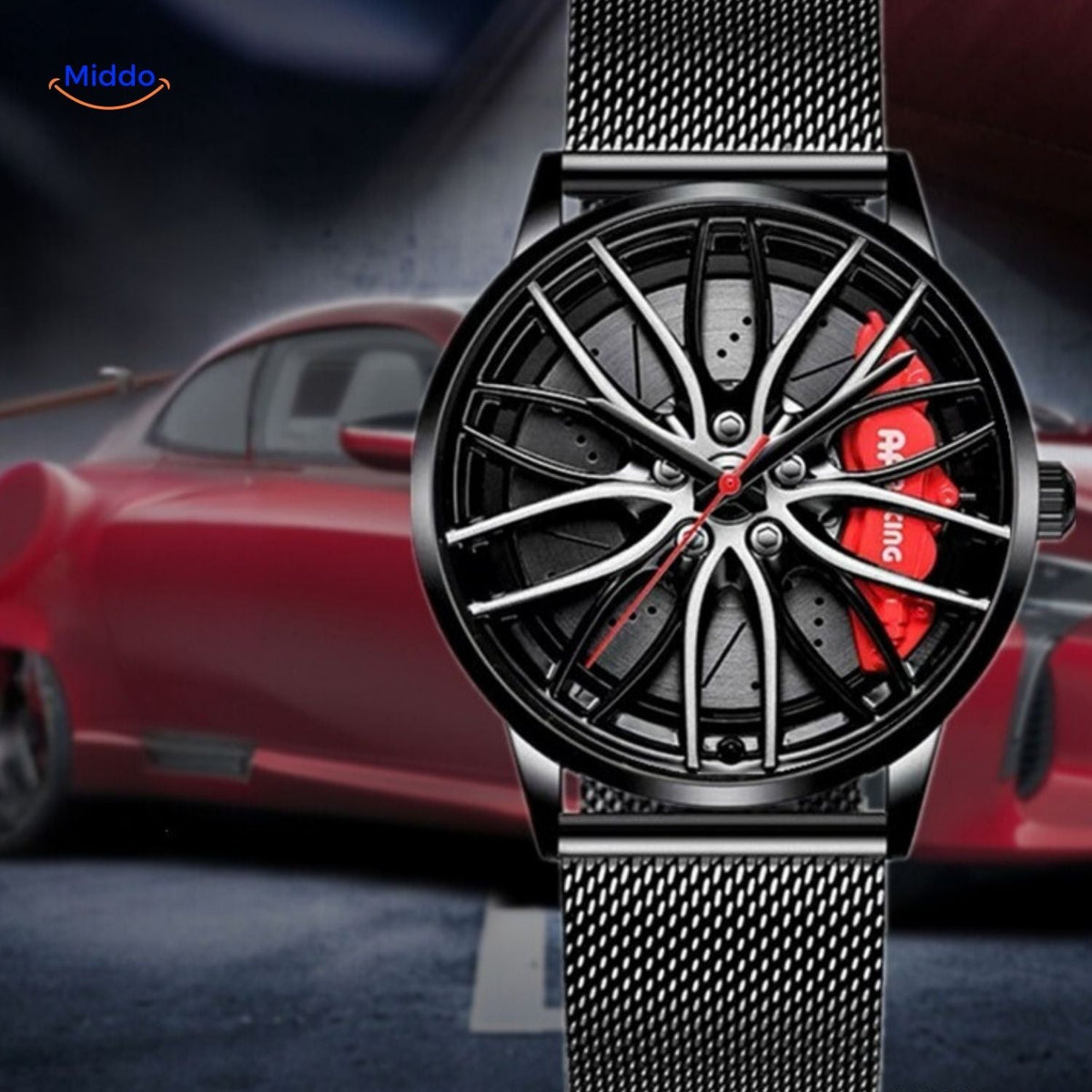 TurboGear Automatik-Uhr mit rotem Akzent und Lederarmband, stilvoll www.middo.de