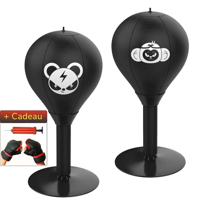 Zwei schwarze Boxbälle mit Bären- und Affenmotiven, inklusive Geschenk-Pumpe und Handschuhen