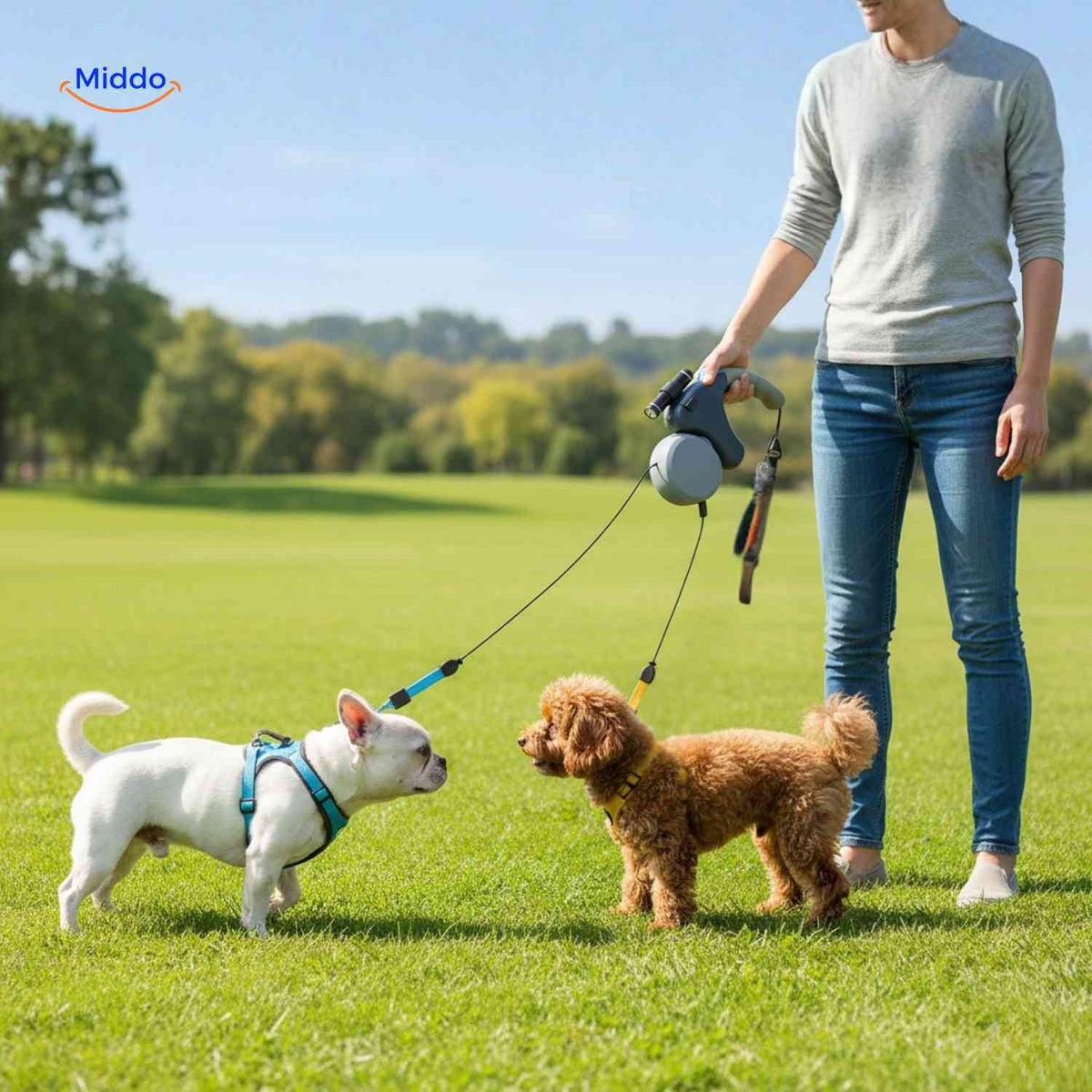 TweeTrek Hundeleine – Ideal für Spaziergänge mit zwei Hunden im Park. Besuchen Sie uns auf www.middo.de