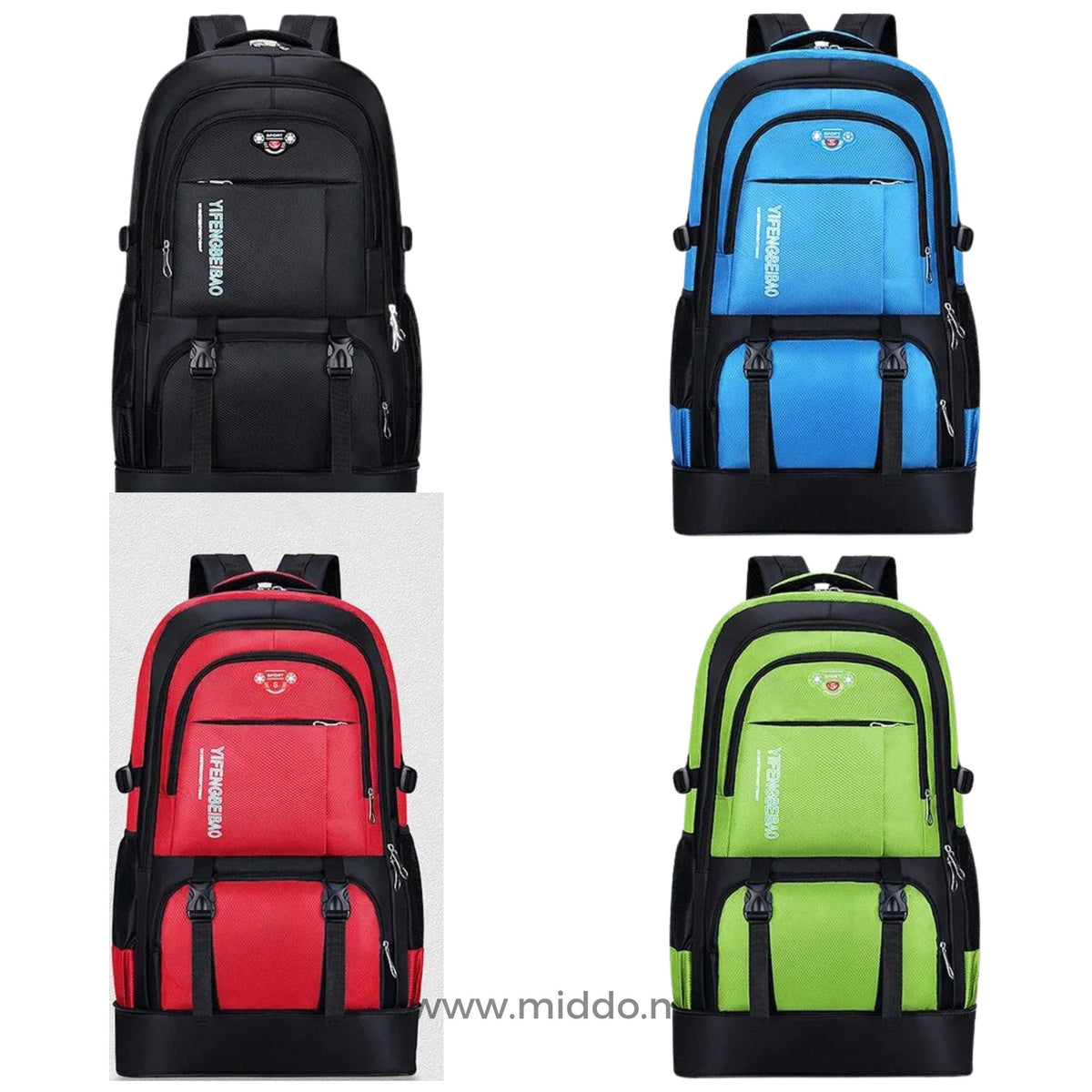 Vier Farben des VoyagePro Adventure Rucksacks: grün, blau, rot, schwarz