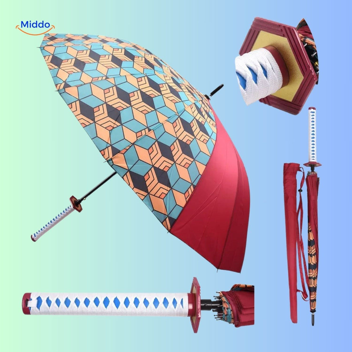 ZenBrella Anime-Regenschirm rot mit buntem geometrischem Muster und Schwertgriff