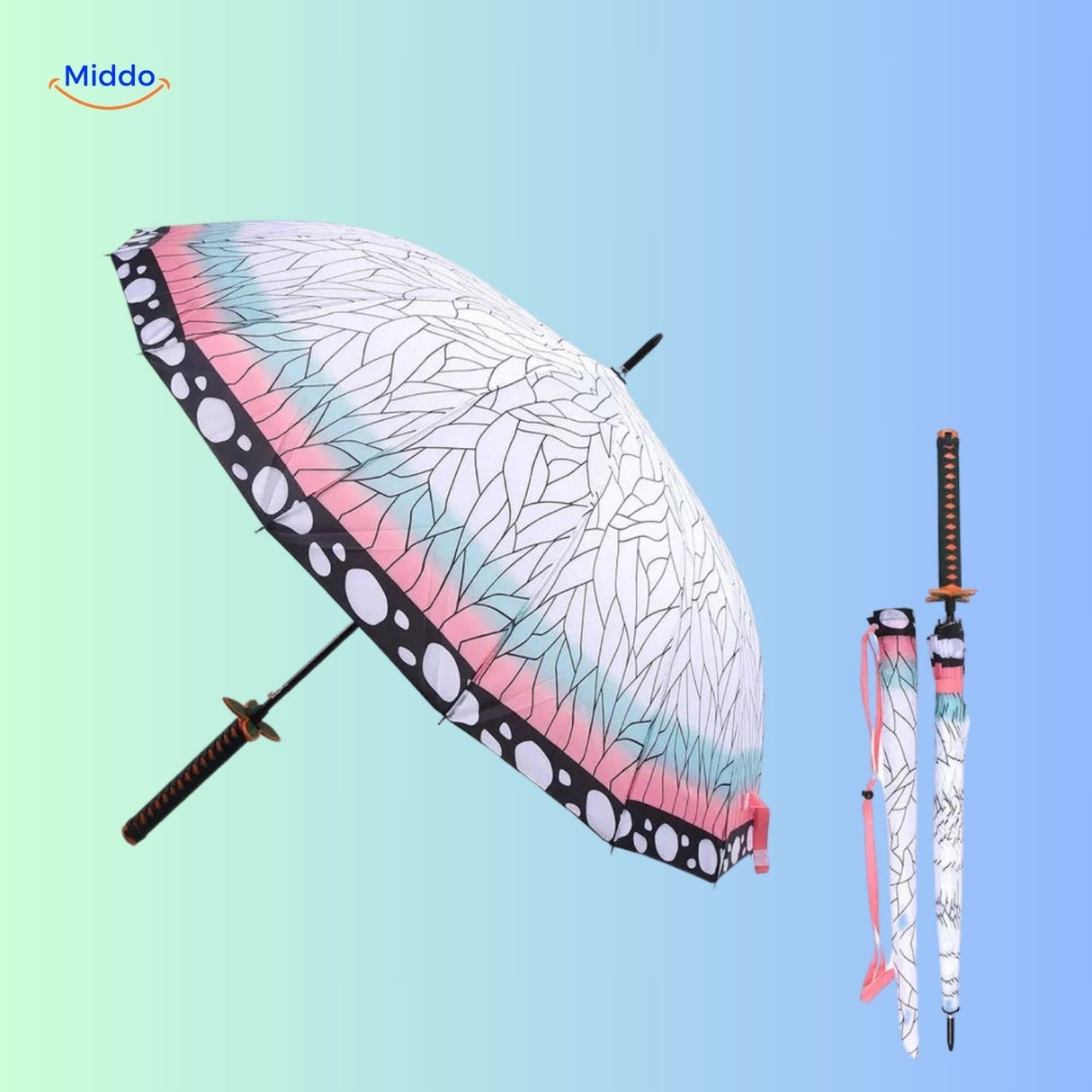 ZenBrella Anime-Regenschirm Weißer Schirm mit rosa und grünen Details