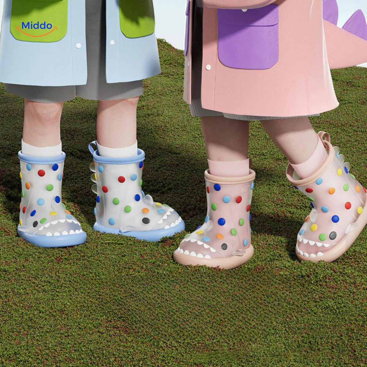 Zureto Shark Gummistiefel Kinder mit rosa Regenjacke und farbigen gepunkteten Stiefeln