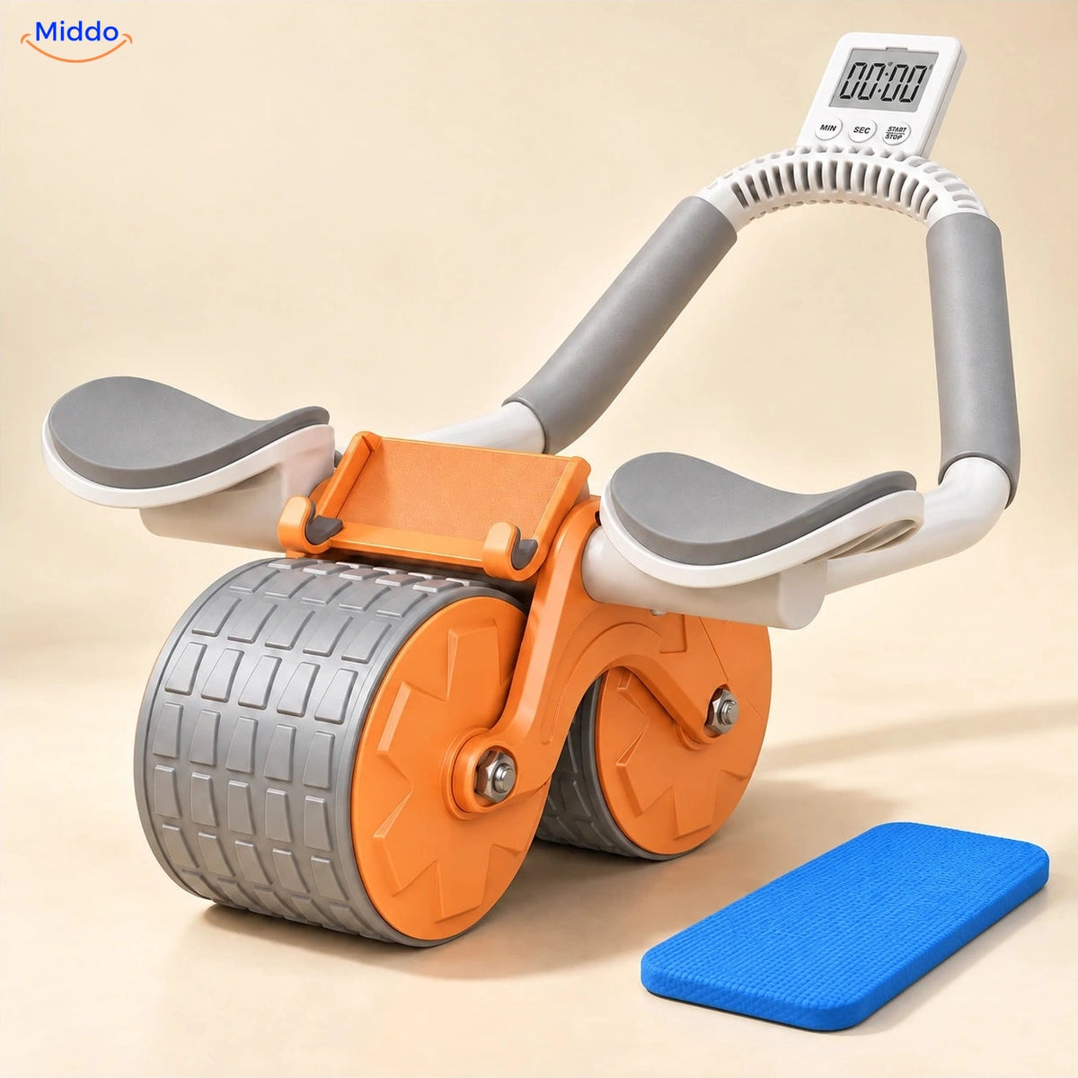 AbWheel Pro™ – Orange mit Timer – Kniematte 34 × 15 cm