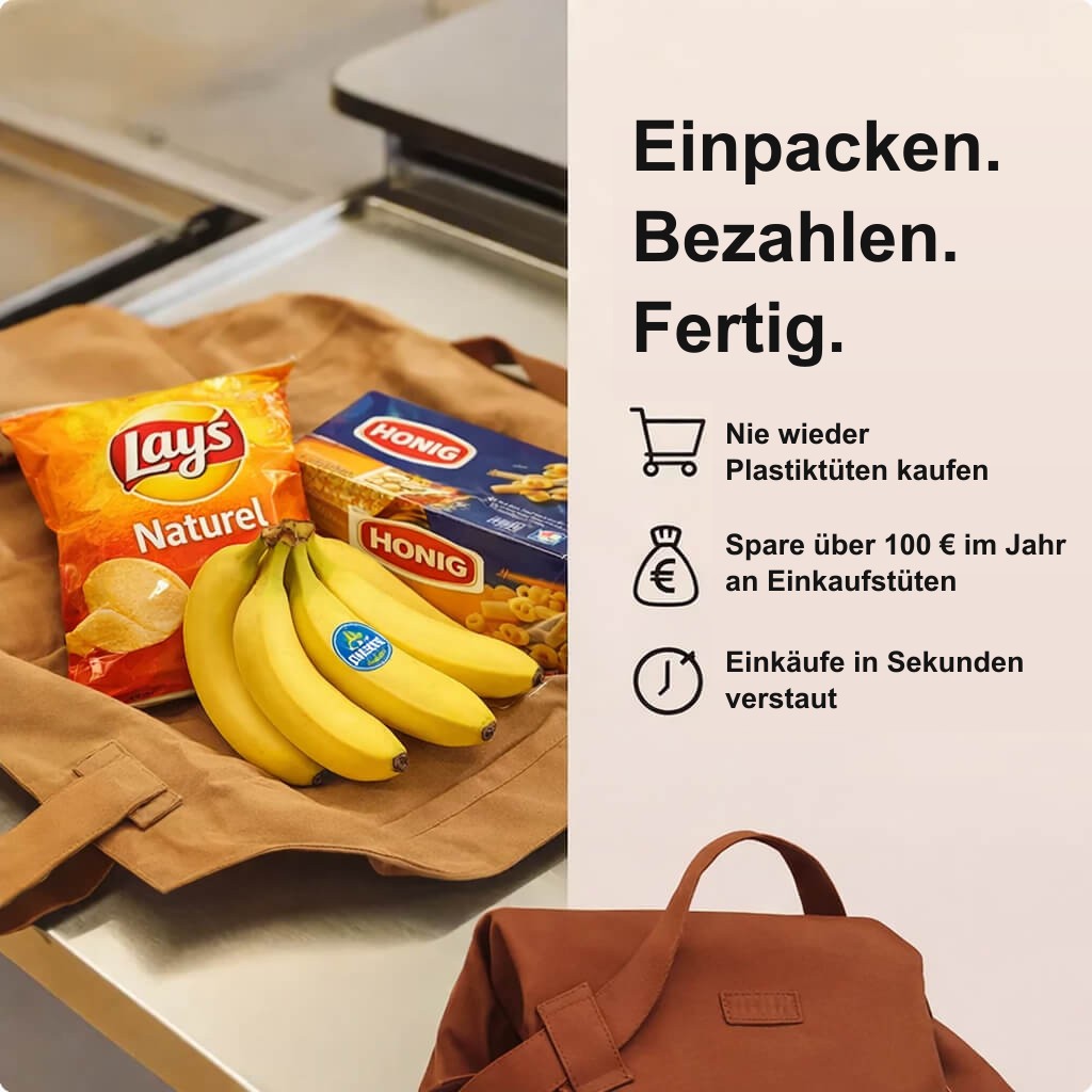 AllesTasche ausklappbare Einkaufstasche aus braunem Stoff, gefüllt mit Lebensmitteln auf dem Kassenband im Supermarkt