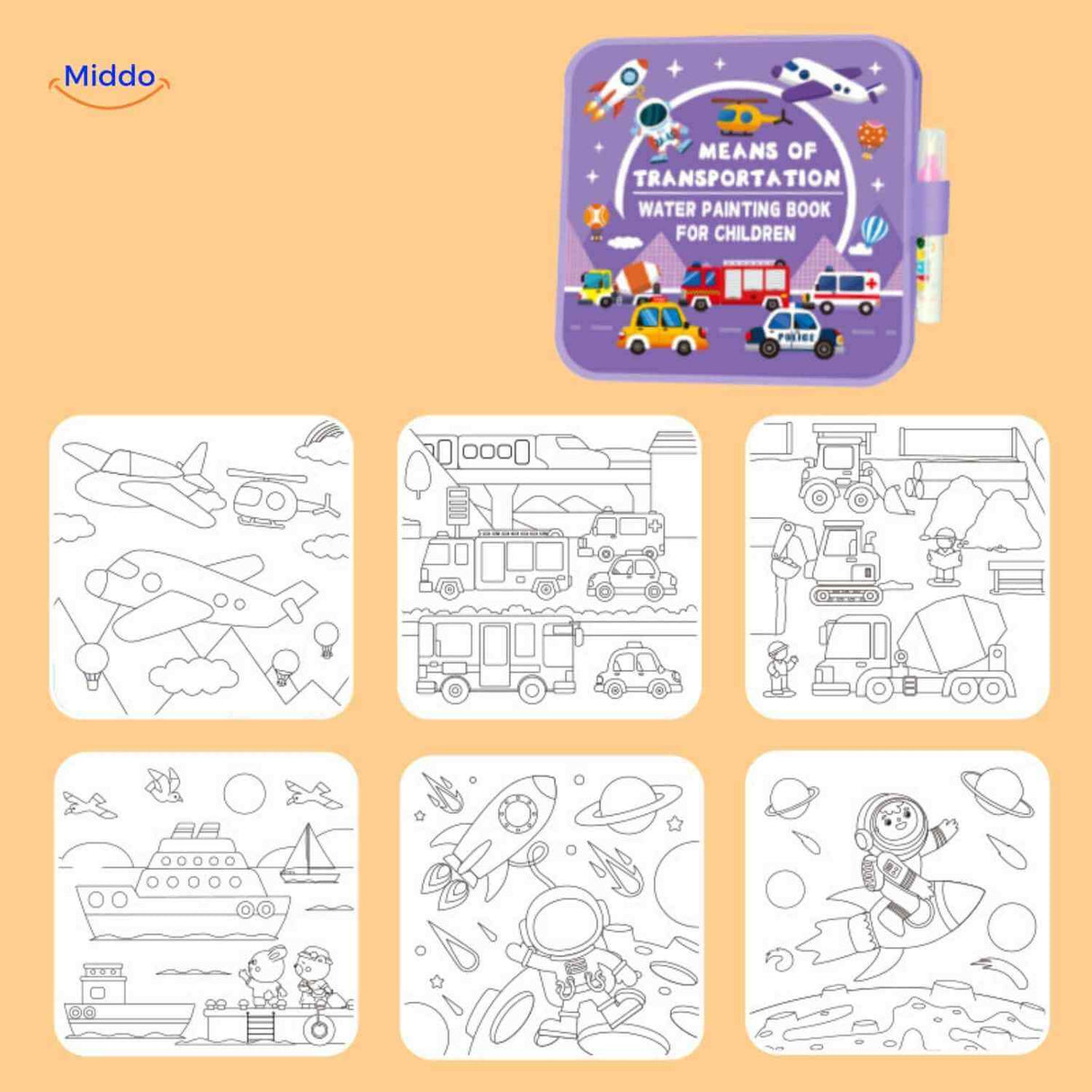 aquaDoodle Buch über Transportmittel, Wasserfarbenbuch für Kinder, Flugzeug, Auto, Raumfahrt www.middo.de