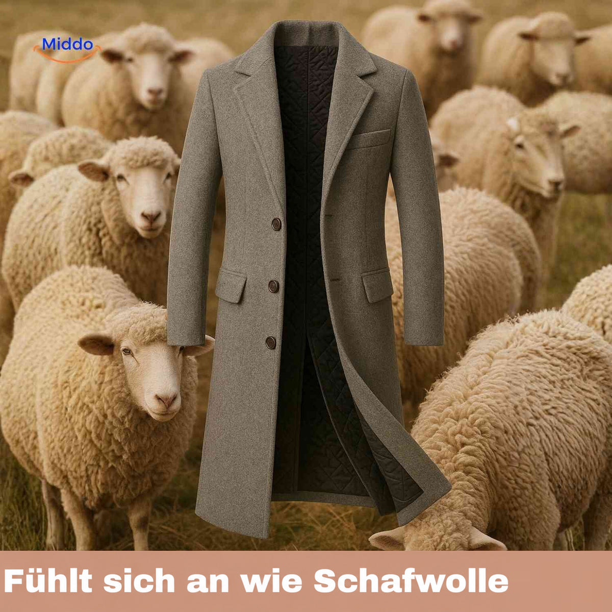 Grauer Ashford Herrenmantel mit dem Hinweis: fühlt sich an wie Schafwolle.
