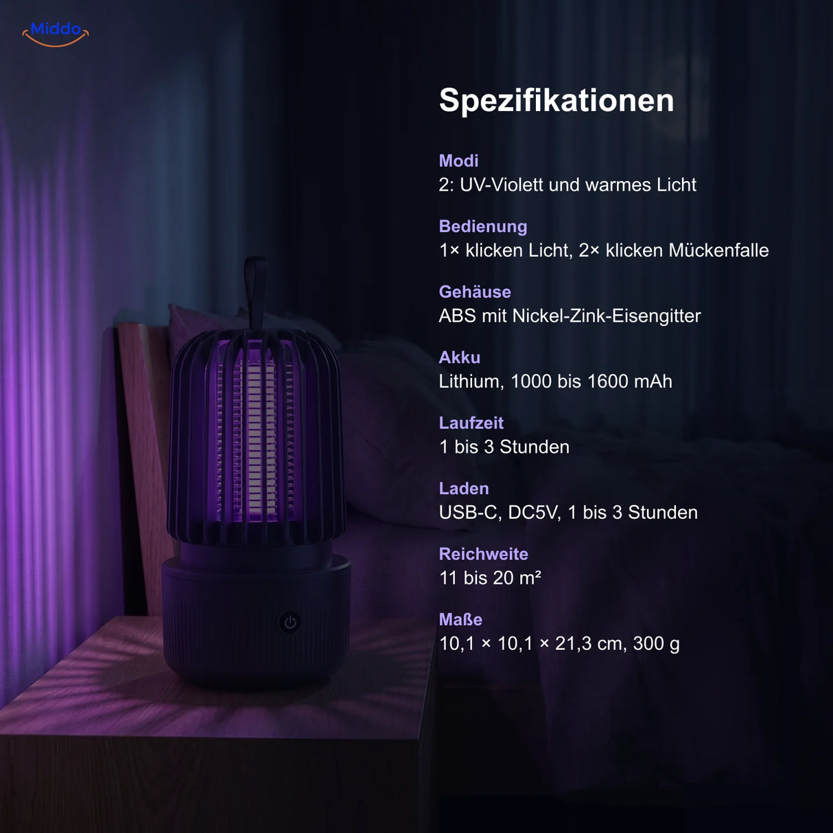 Spezifikationen der BuzzAway Mückenlampe