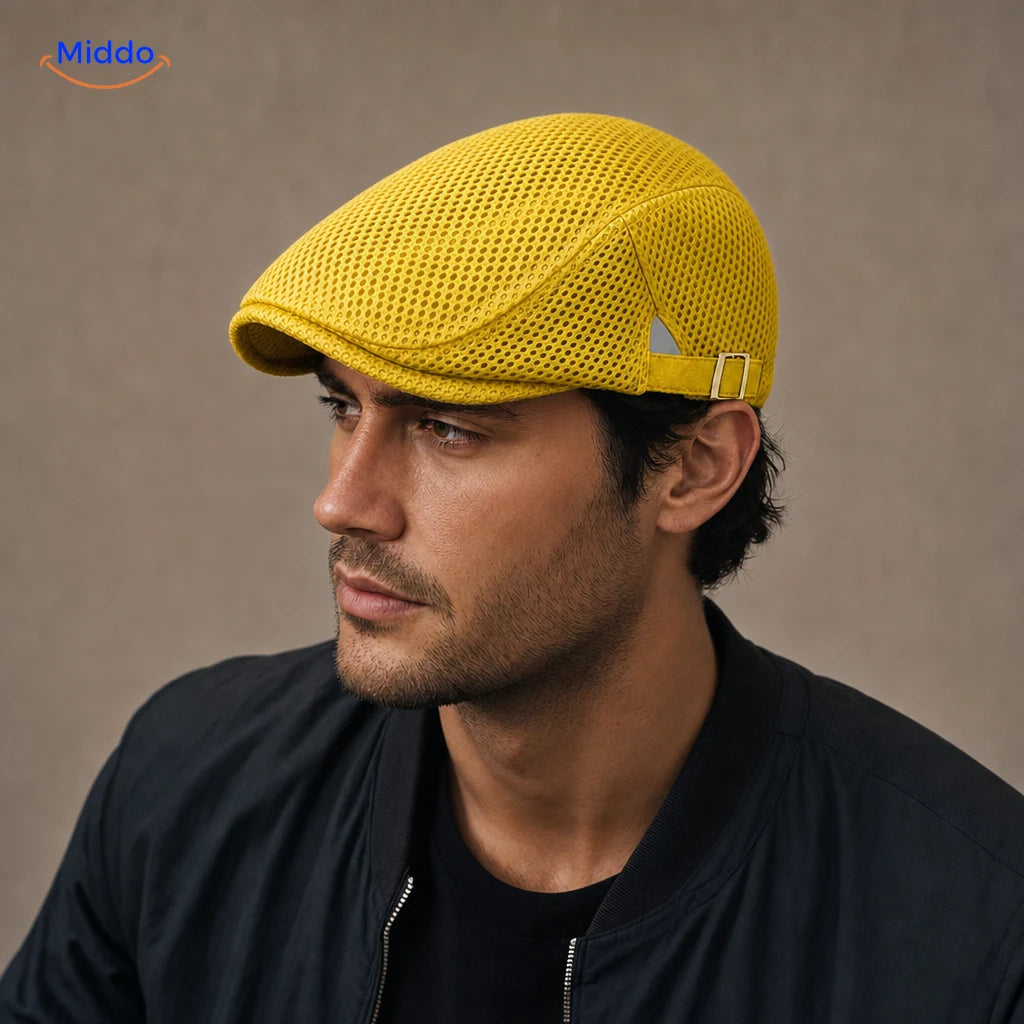 Casual Mesh Flat Cap in Gelb an einem Herrenmodell