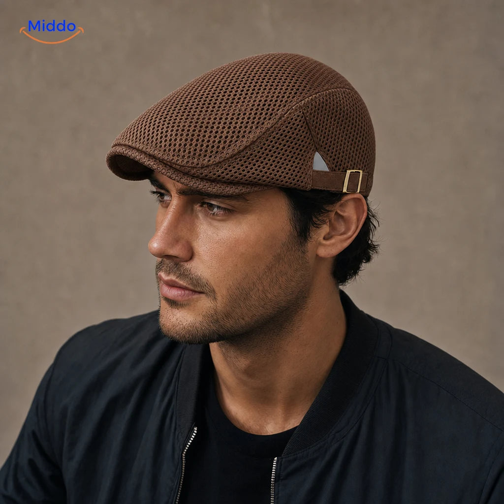 Casual Mesh Flat Cap in Kaffeebraun an einem Herrenmodell
