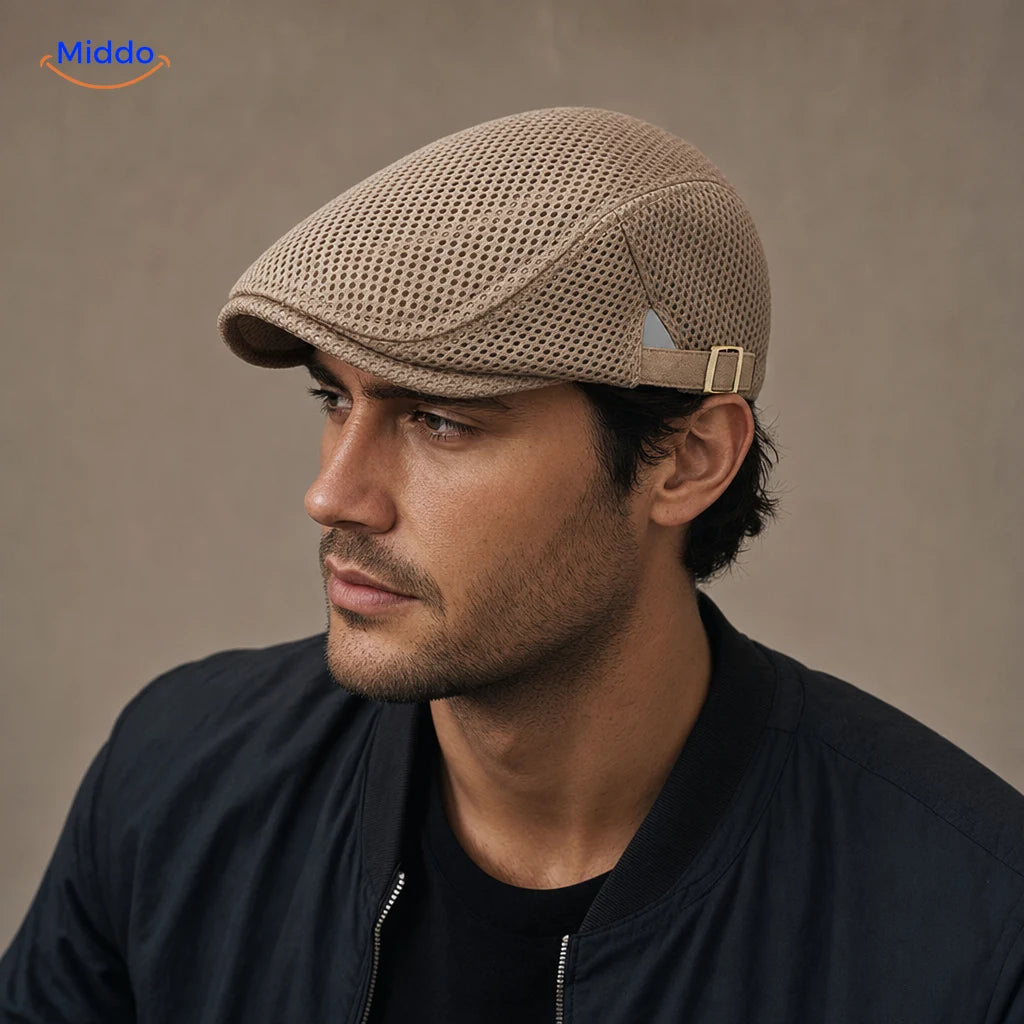 Casual Mesh Flat Cap in Khaki an einem Herrenmodell