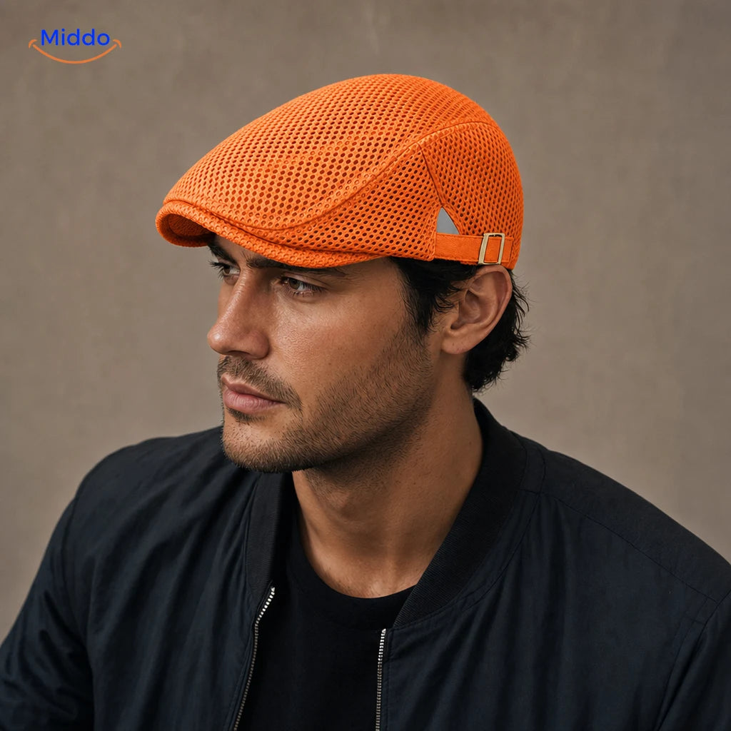 Casual Mesh Flat Cap in Orange an einem Herrenmodell