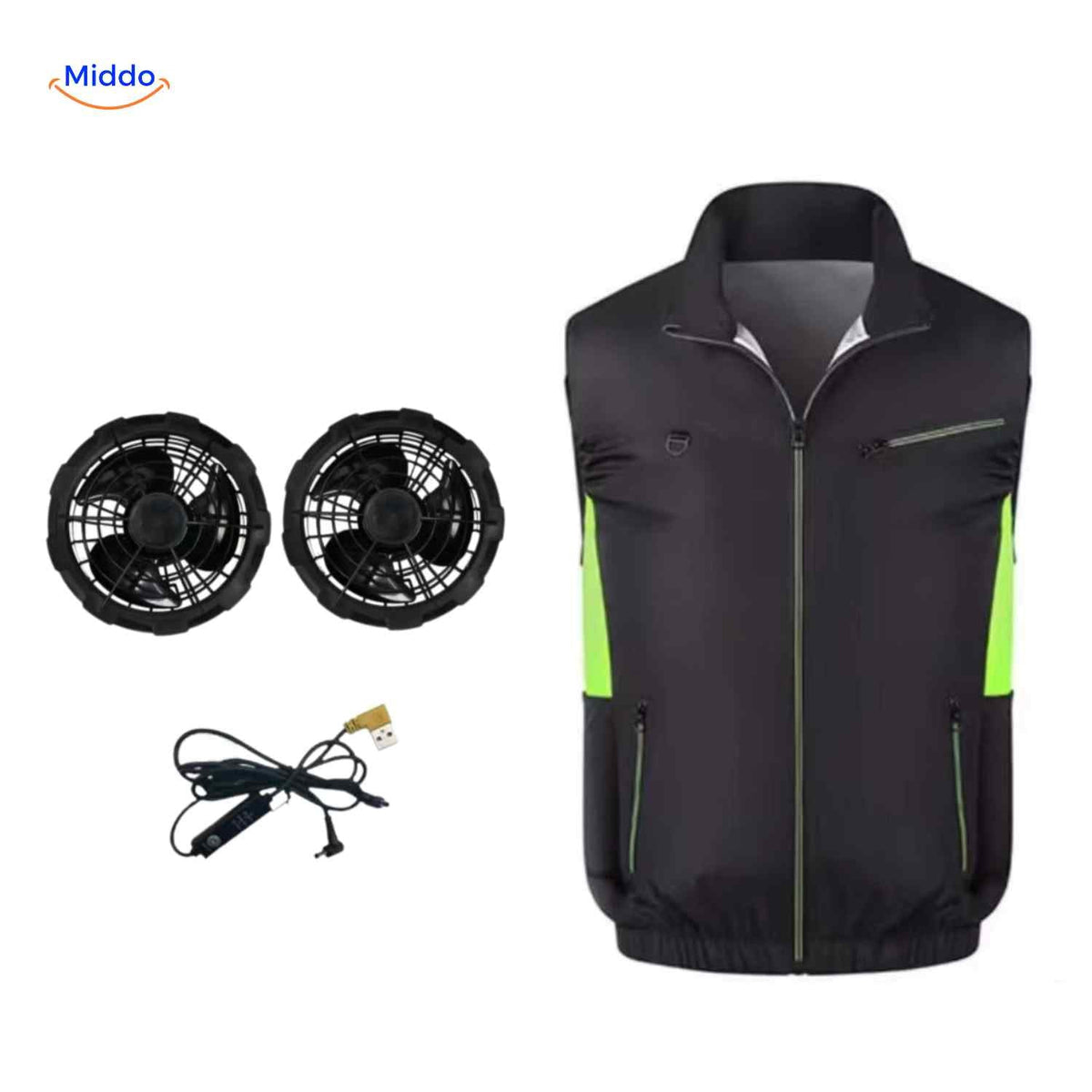 cooltop Arbeitsweste schwarz grün mit Kühlbelüftung und Ventilator-Set www.middo.de