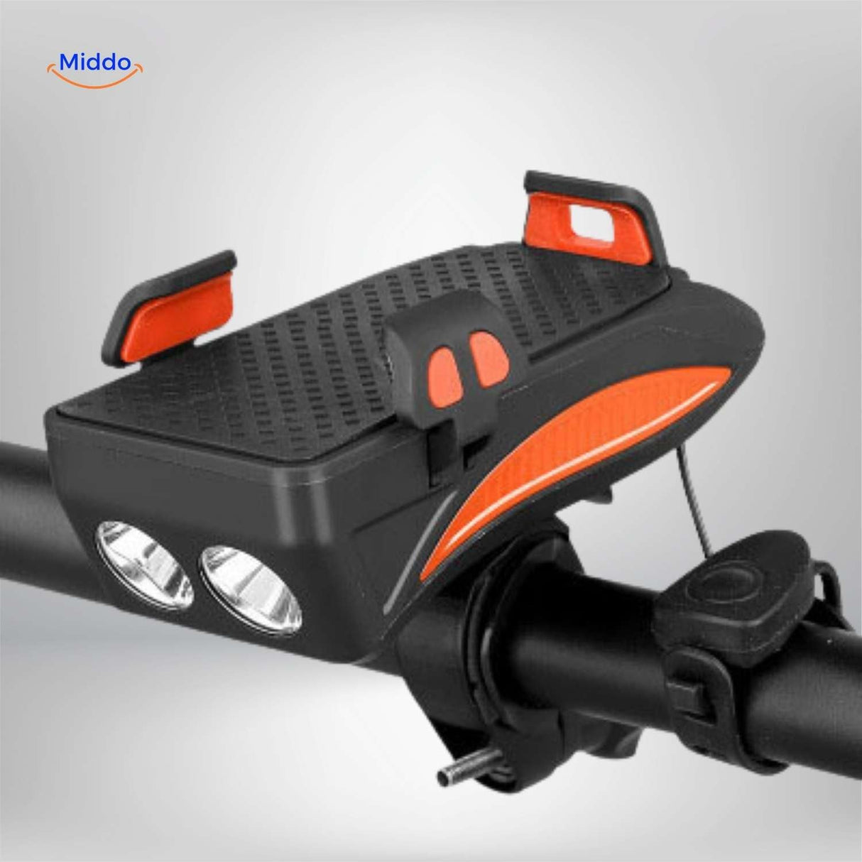 Cyclomax Fahrrad-Gadget: Telefonhalterung mit Powerbank, Licht und Hupe in Orange – jetzt entdecken auf www.middo.de!