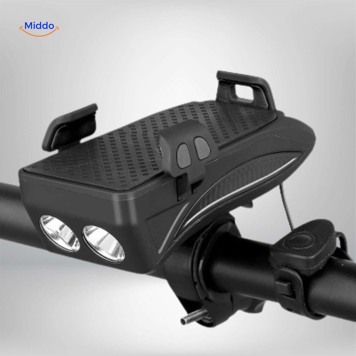 Cyclomax Fahrradzubehör: Telefonhalter mit Powerbank, Licht und Hupe, zwei Lichtmodi in Rot - www.middo.de