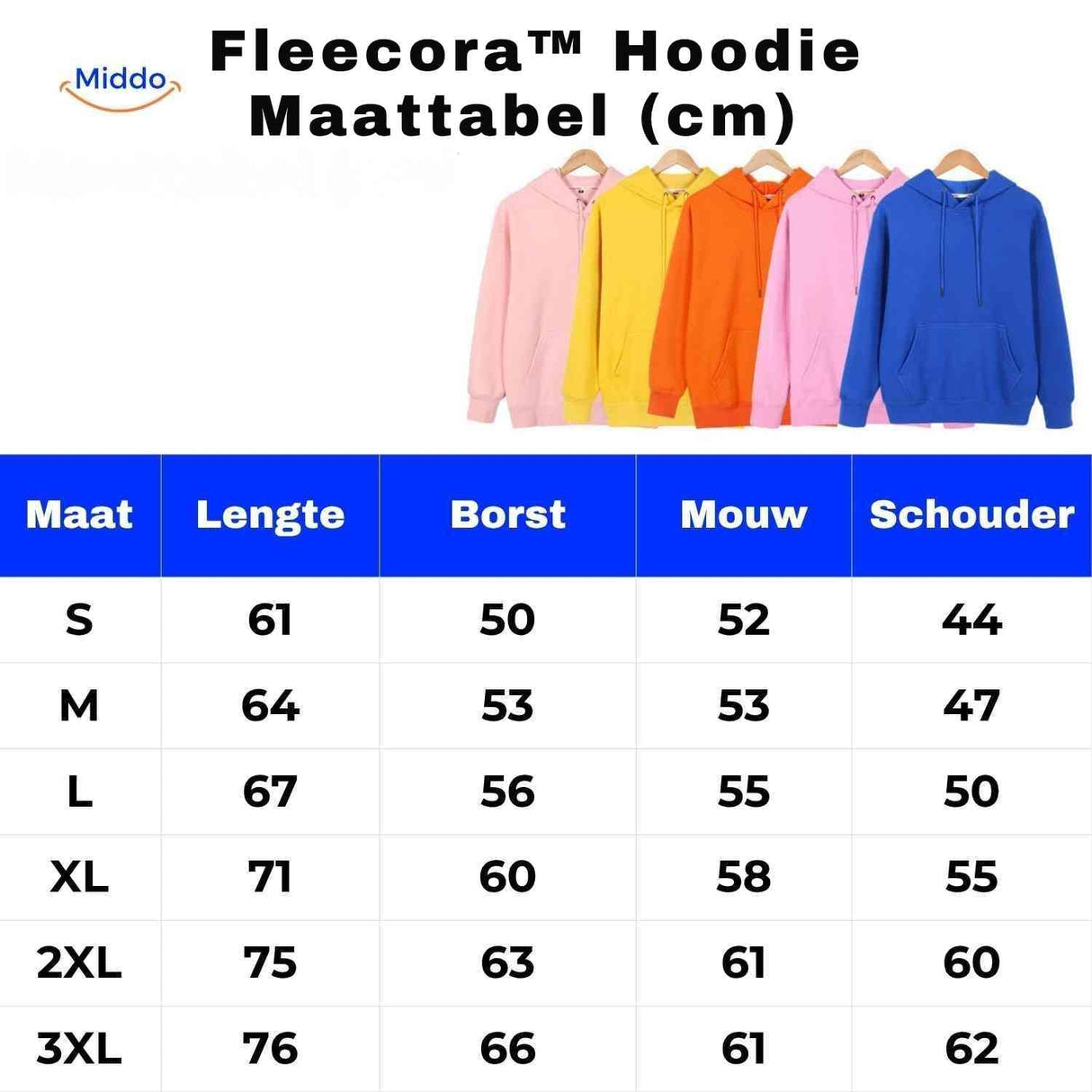 Fleecora Hoodie, Größentabelle mit Übersicht der Hoodie-Größen