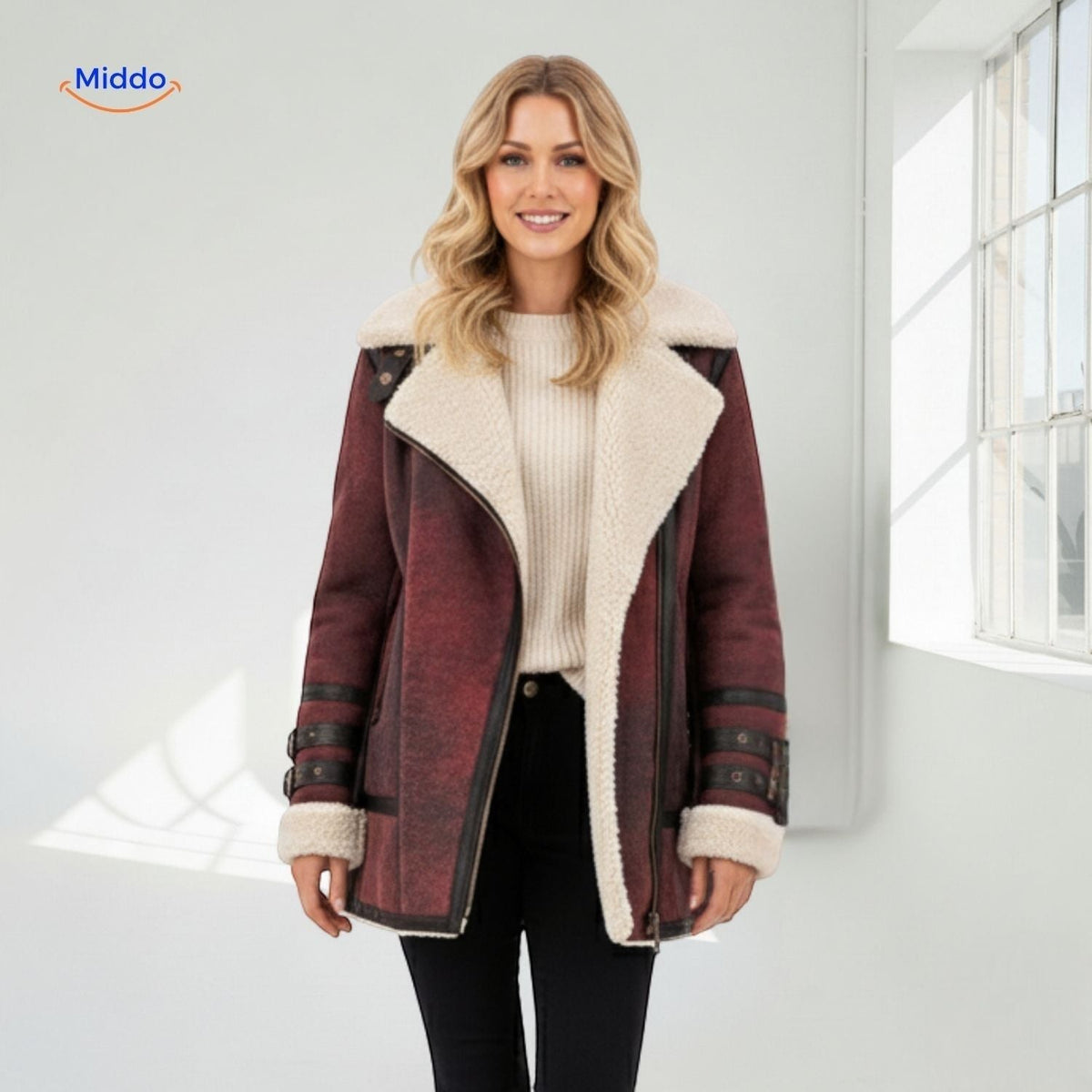Furvia Jacke Bordeaux, komplettes Outfit mit Ankle Boots