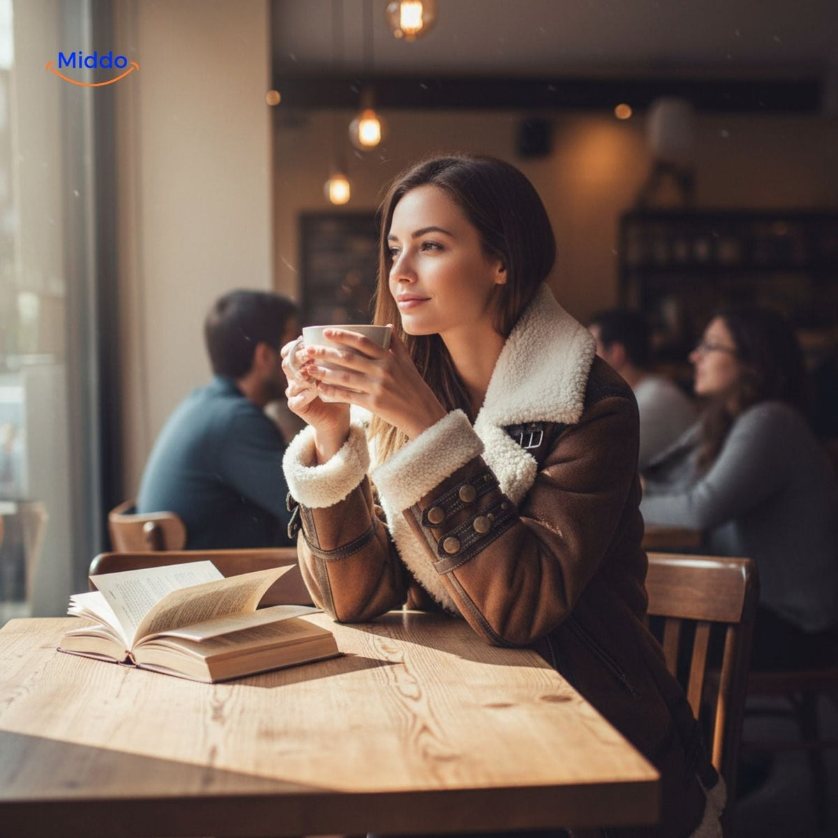 Furvia Jacke, Café-Szene mit Büchern und Kaffee